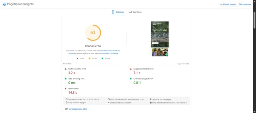 WPO 1 Reporte PageSpeed Insights móvil ANTES de la optimización: LCP 7.1 s, INP 380 ms, CLS 0.011, rendimiento 61/100