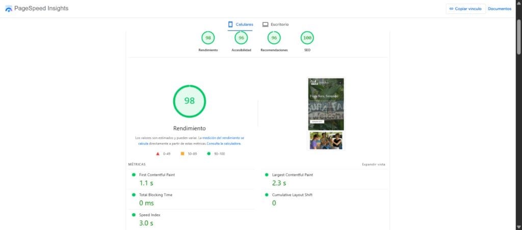 WPO 2 Reporte PageSpeed Insights móvil DESPUÉS de la optimización: LCP 2.3 s, INP 200 ms, CLS 0.000, rendimiento 98/100