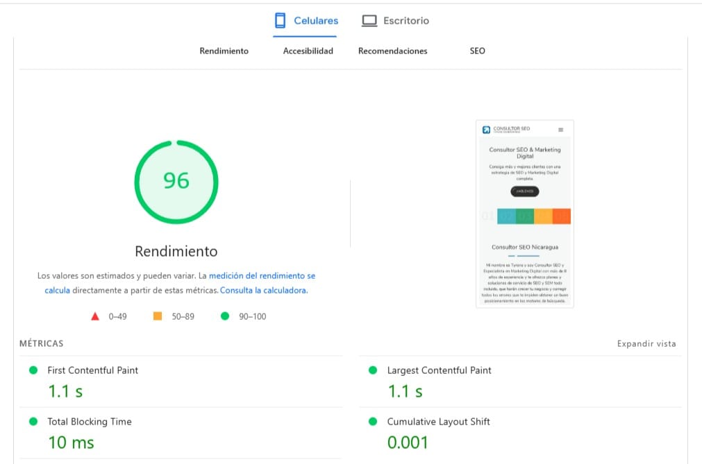 Reporte PageSpeed Insights móvil DESPUÉS de la optimización WPO
